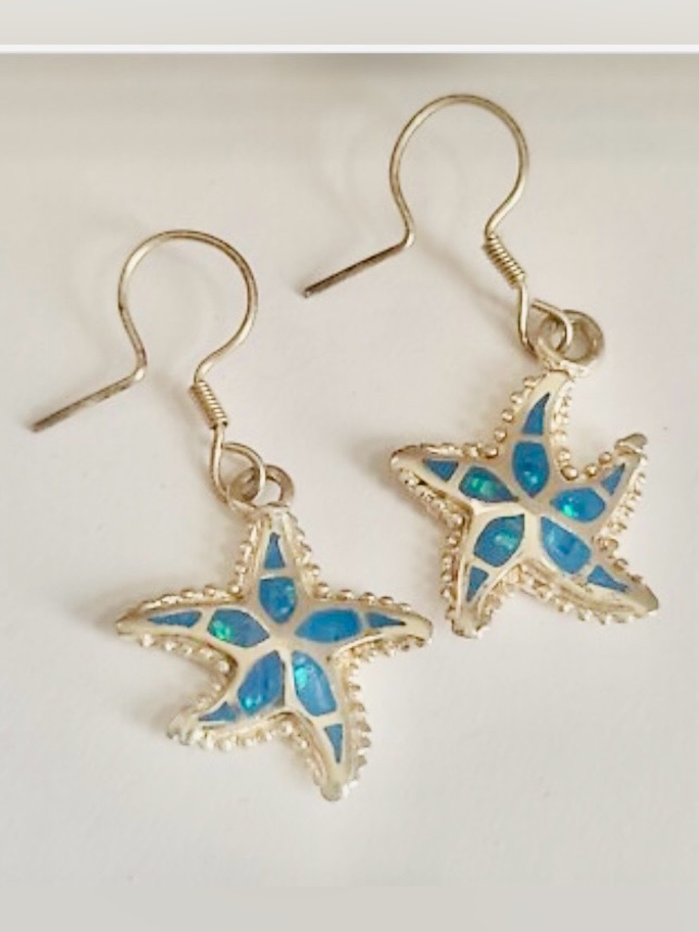 Vtg 925 Starfish  with Blue Opal inlay Drop Earrings by Cardenas